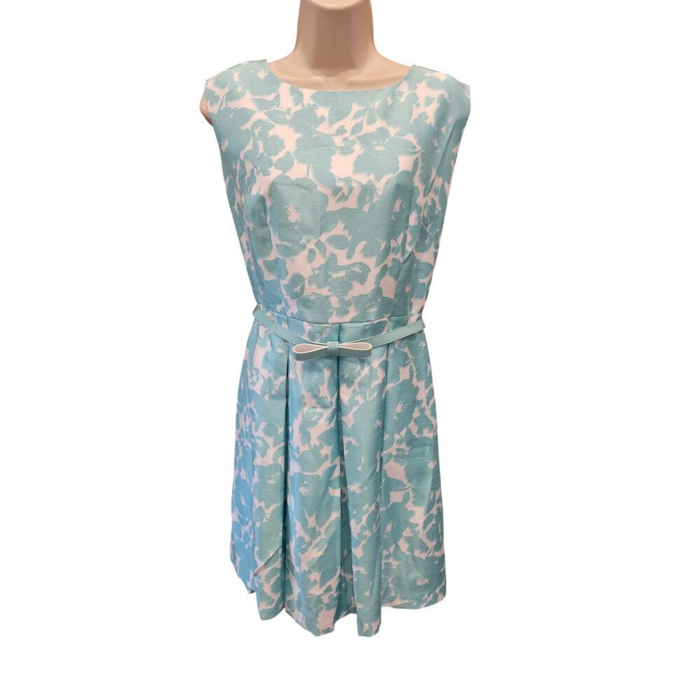 Danny & Nicole blue white oral sheath dress lined EUC tie waist sz 12 sleevless
